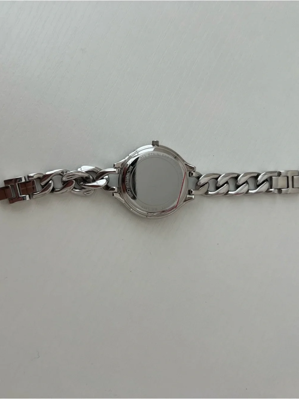 Michael Kors Runway Silver Tone Pink Crystals Pave Dial Chain Watch MK3357